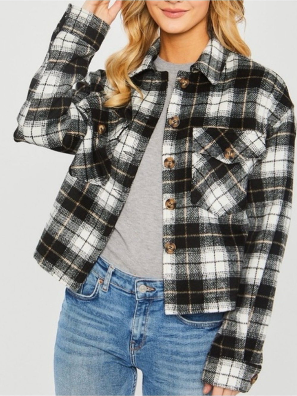 Plaid Button-Up Cropped Shacket